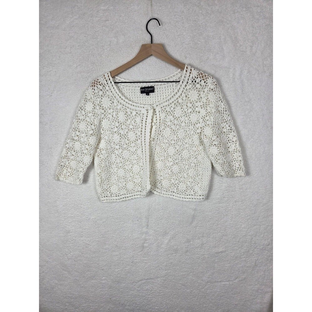 Bay Studio Crochet Button Front Crop Cardigan XL Floral Cottagecore Boho Preppy